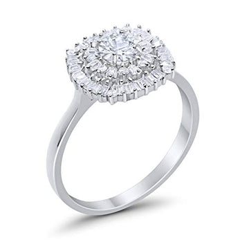 Halo Engagement Ring Baguette Simulated Cubic Zirconia 925 Sterling Silver